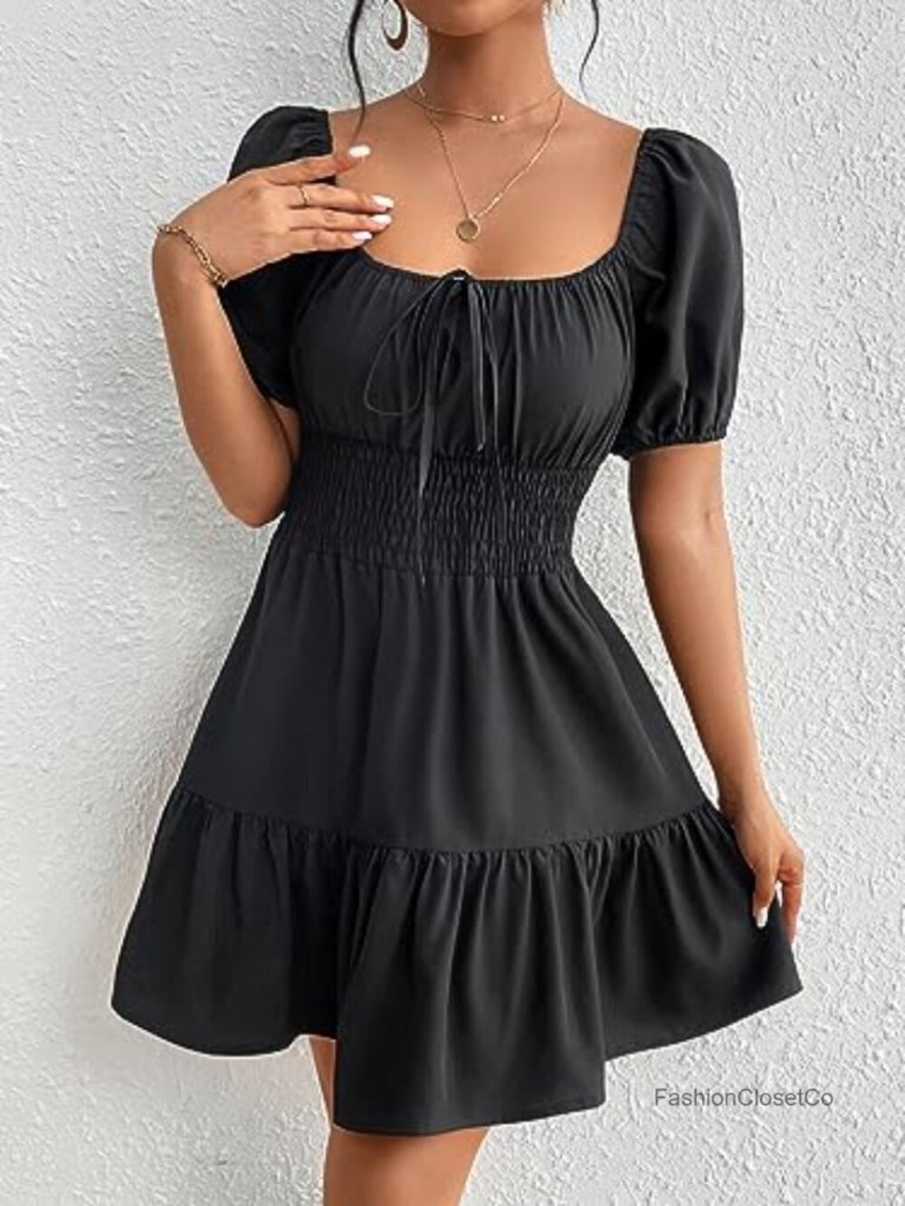 Boho Square Neck Puff Sleeve Self Tie Front A Line Dress - Picture 3 of 7